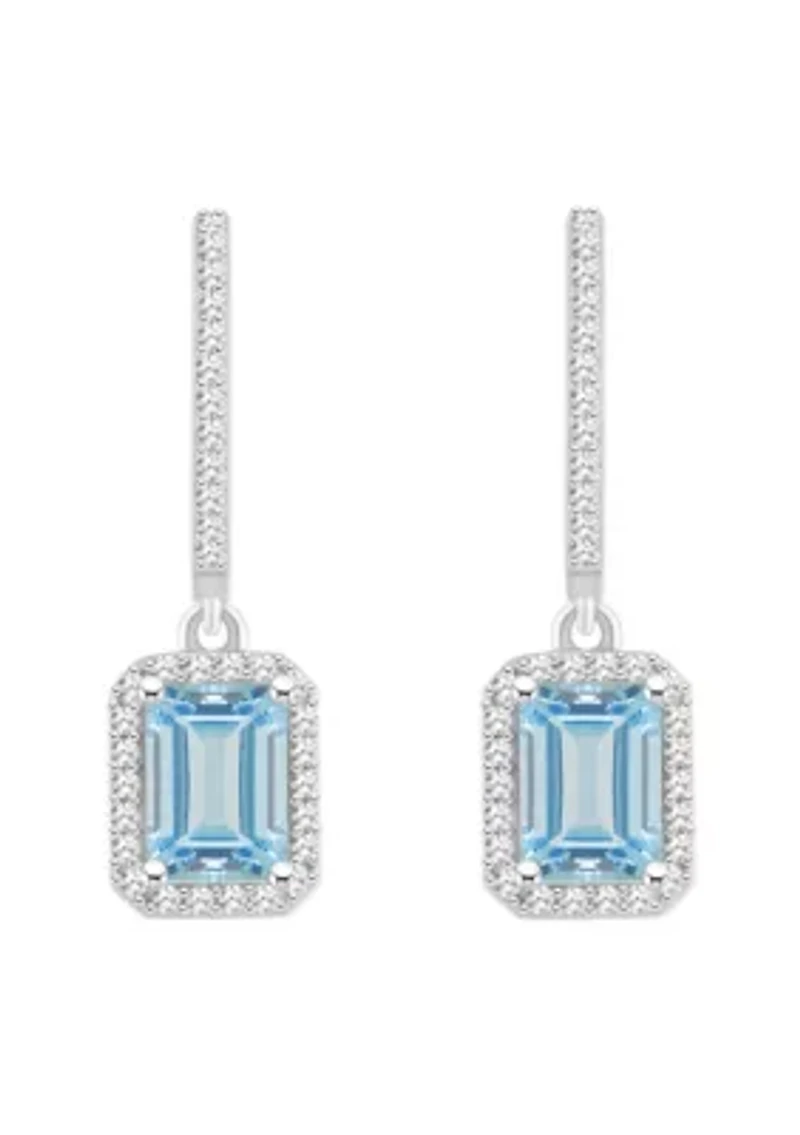 Sterling Silver 7x5mm Emerald Cut Aquamarine 1/3 CTTW Diamond Huggie Hoop Drop Earrings