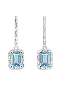 Sterling Silver 7x5mm Emerald Cut Aquamarine 1/3 CTTW Diamond Huggie Hoop Drop Earrings