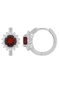 Sterling Silver 6mm Round Garnet and White Topaz Halo Huggie Hoop Earrings