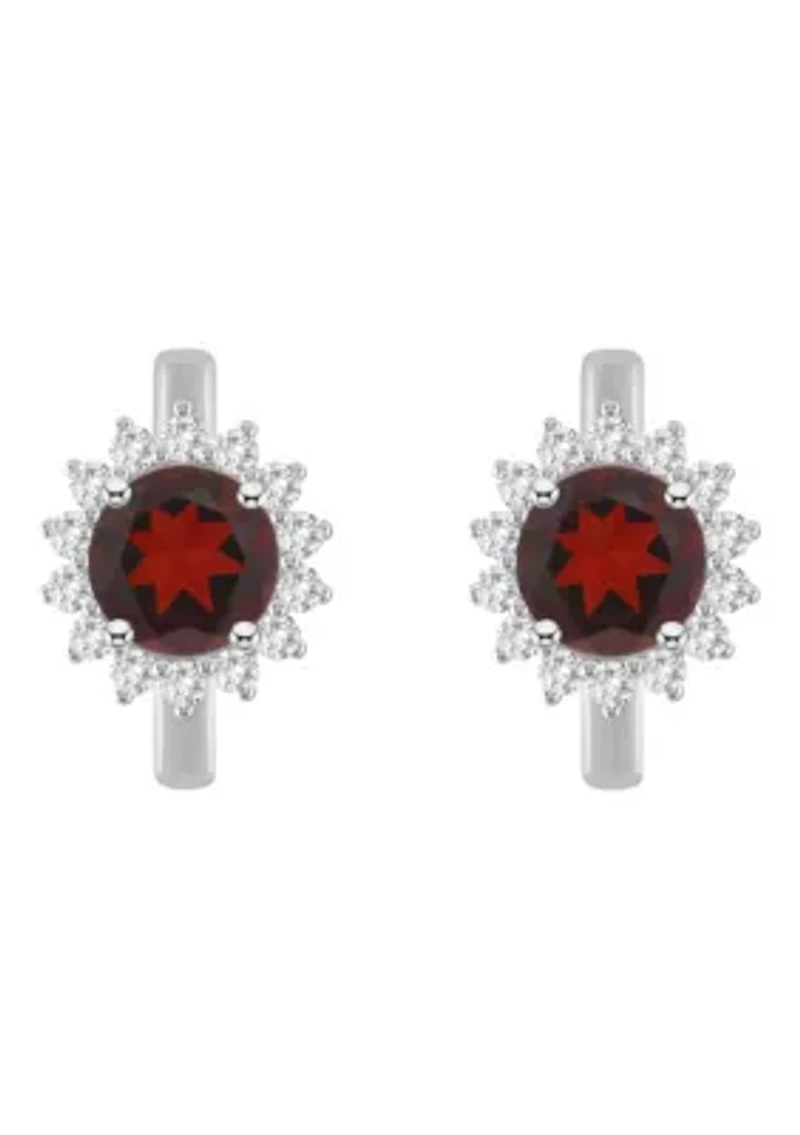 Sterling Silver 6mm Round Garnet and White Topaz Halo Huggie Hoop Earrings