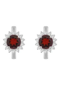 Sterling Silver 6mm Round Garnet and White Topaz Halo Huggie Hoop Earrings