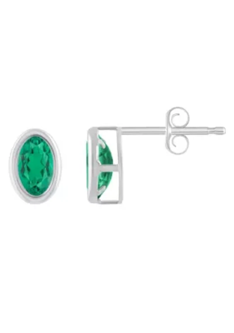 Lab Created Sterling Silver 6x4mm Oval Created Emerald Stud Earrings