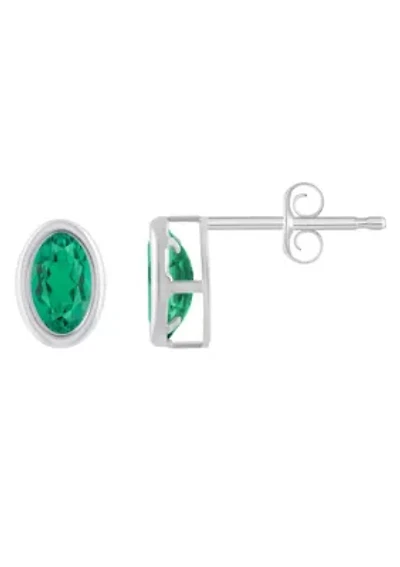 Lab Created Sterling Silver 6x4mm Oval Created Emerald Stud Earrings