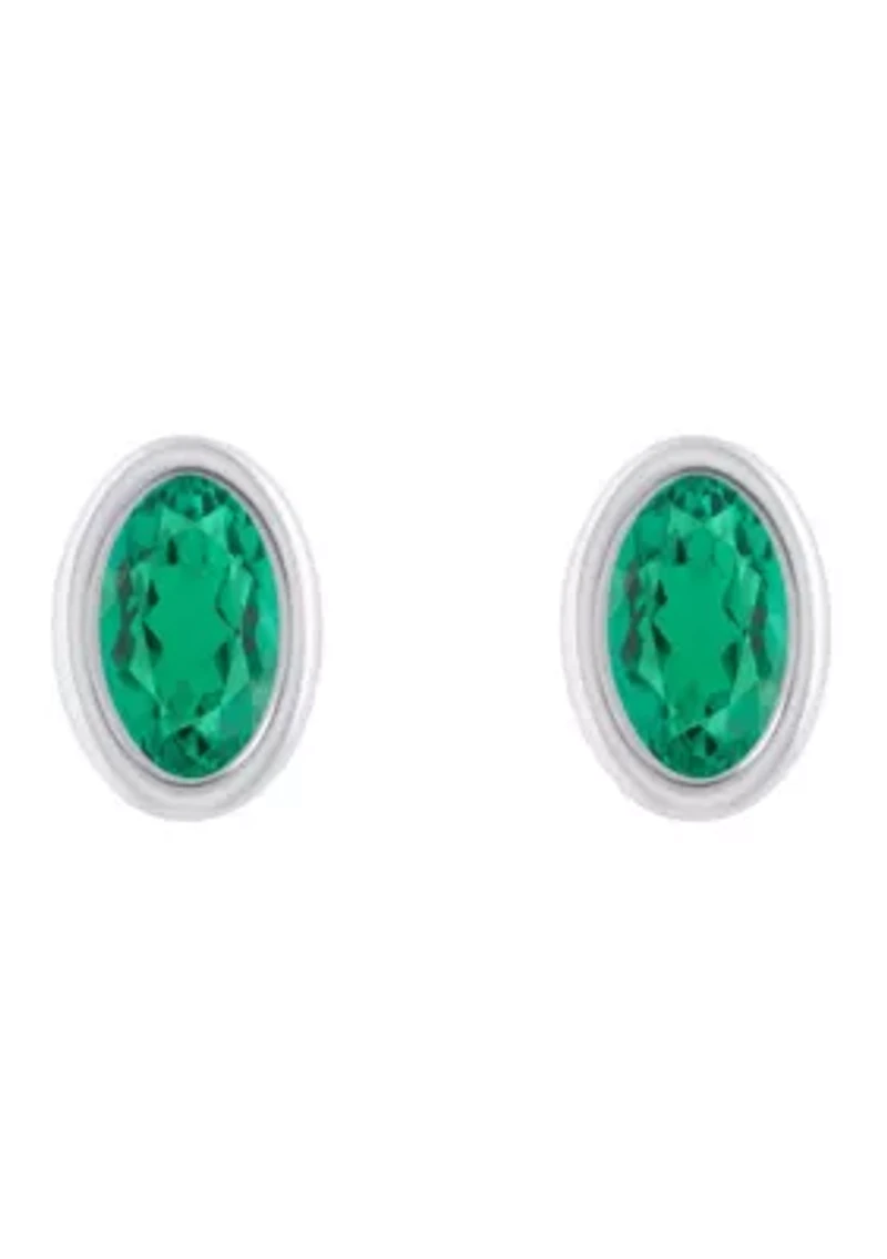 Lab Created Sterling Silver 6x4mm Oval Created Emerald Stud Earrings