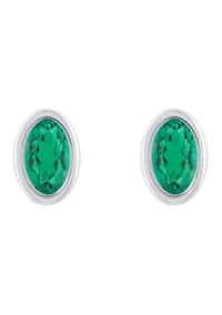 Lab Created Sterling Silver 6x4mm Oval Created Emerald Stud Earrings