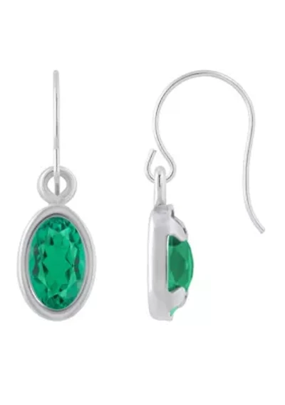 Lab Created Sterling Silver 6x4mm Oval Created Emerald Drop Earrings