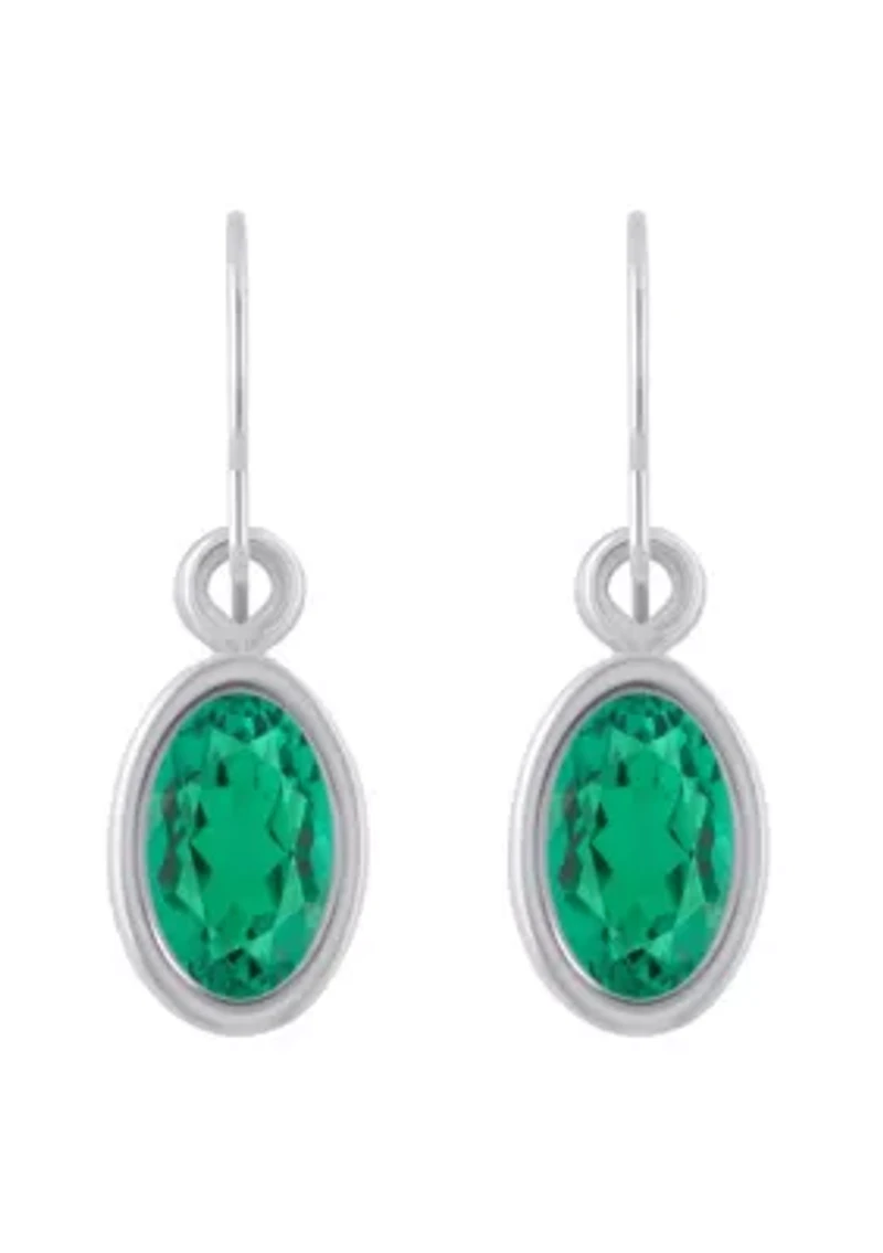 Lab Created Sterling Silver 6x4mm Oval Created Emerald Drop Earrings