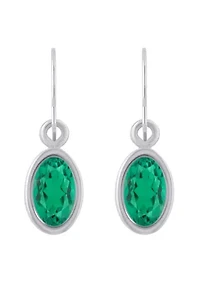 Lab Created Sterling Silver 6x4mm Oval Created Emerald Drop Earrings