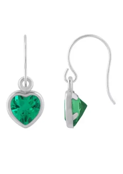Lab Created Sterling Silver 5mm Heart Shape Created Emerald Drop Earrings