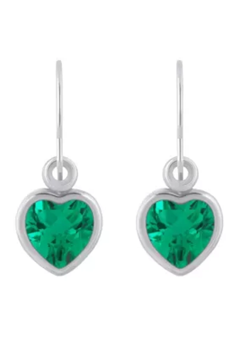 Lab Created Sterling Silver 5mm Heart Shape Created Emerald Drop Earrings