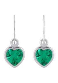 Lab Created Sterling Silver 5mm Heart Shape Created Emerald Drop Earrings