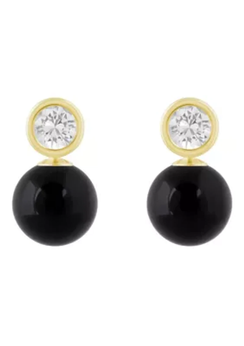 10K Yellow Gold 5mm Sphere Black Onyx & White Topaz Accents Drop Earrings