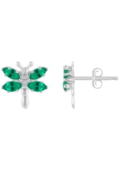 Lab Created Sterling Silver Created Emerald Dragonfly Stud Earrings