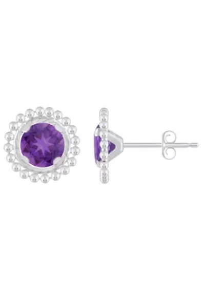 Sterling Silver 5mm Round Amethyst Beaded Martini Stud Earrings