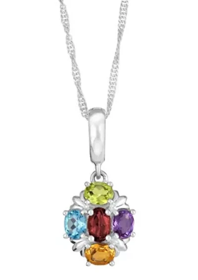 Sterling Silver Multi Gemstone Cluster Pendant Necklace