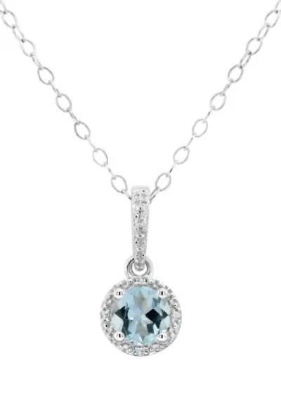 Sterling Silver 5mm Round Aquamarine Diamond Accent Halo Pendant Necklace