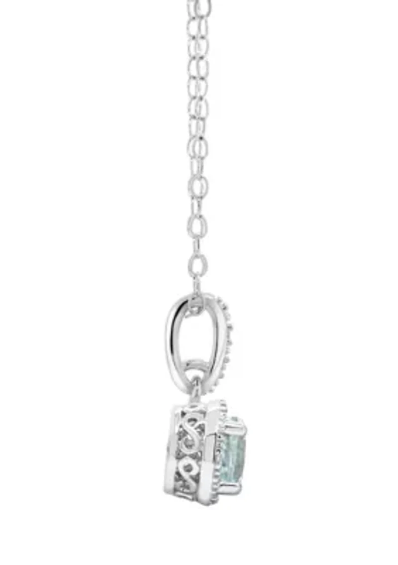 Sterling Silver 5mm Round Aquamarine Diamond Accent Halo Pendant Necklace