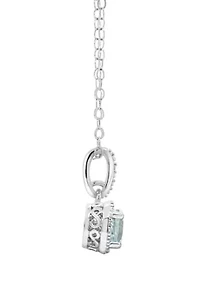 Sterling Silver 5mm Round Aquamarine Diamond Accent Halo Pendant Necklace