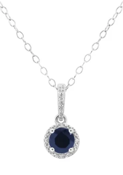Sterling Silver 5mm Round Sapphire Diamond Accent Halo Pendant Necklace