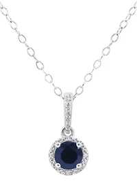 Sterling Silver 5mm Round Sapphire Diamond Accent Halo Pendant Necklace