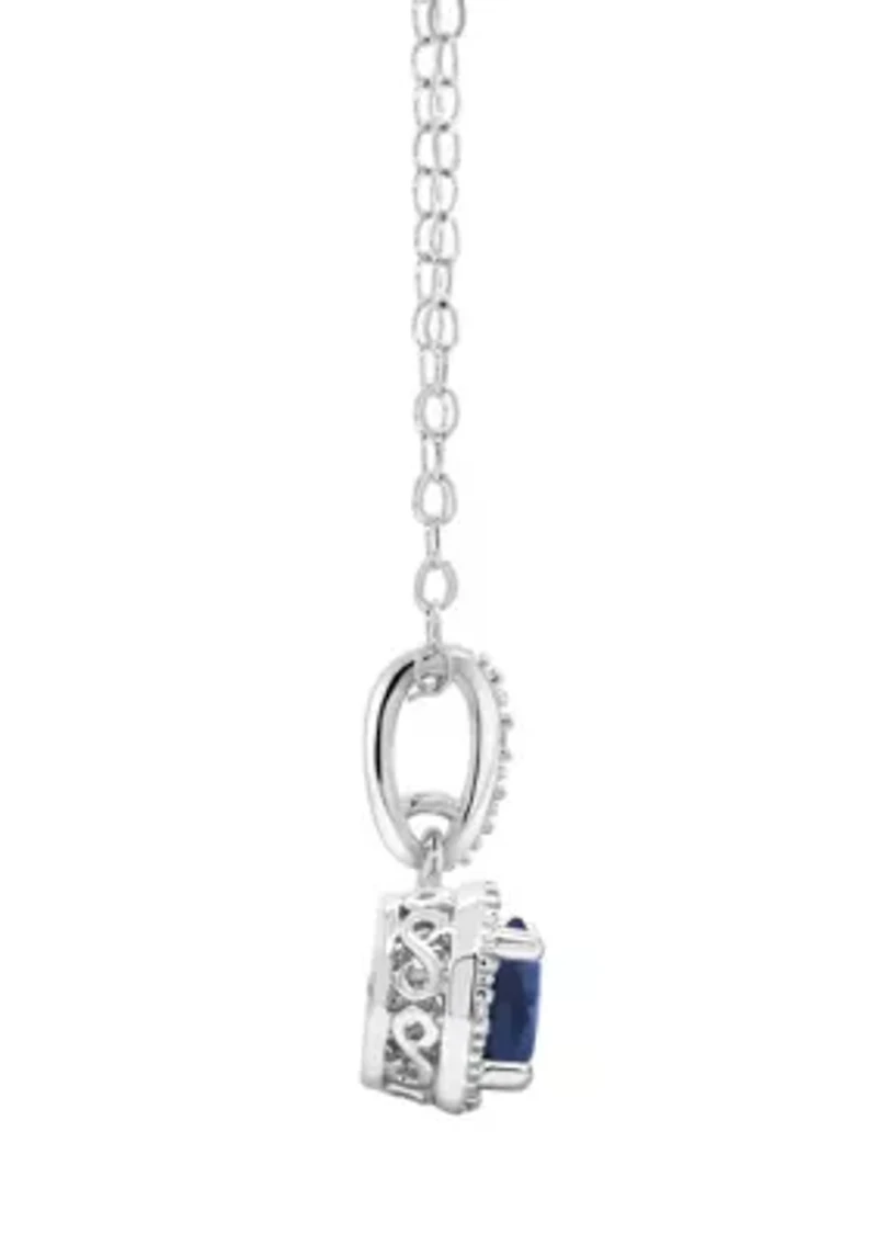 Sterling Silver 5mm Round Sapphire Diamond Accent Halo Pendant Necklace