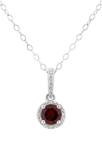 Sterling Silver 6mm Round Garnet Diamond Accent Halo Pendant Necklace