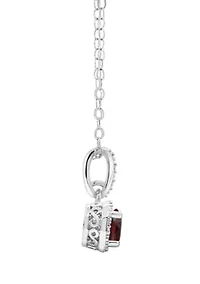 Sterling Silver 6mm Round Garnet Diamond Accent Halo Pendant Necklace
