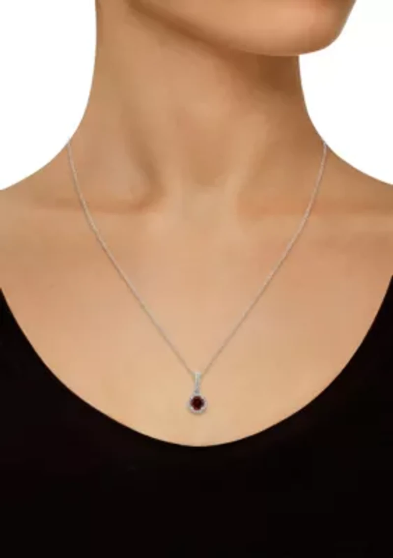 Sterling Silver 6mm Round Garnet Diamond Accent Halo Pendant Necklace