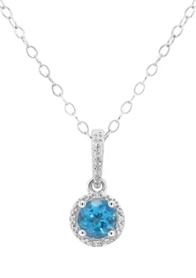Sterling Silver 6mm Round Blue Topaz Diamond Accent Halo Pendant Necklace