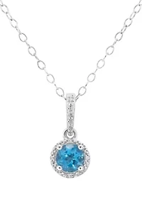 Sterling Silver 6mm Round Blue Topaz Diamond Accent Halo Pendant Necklace