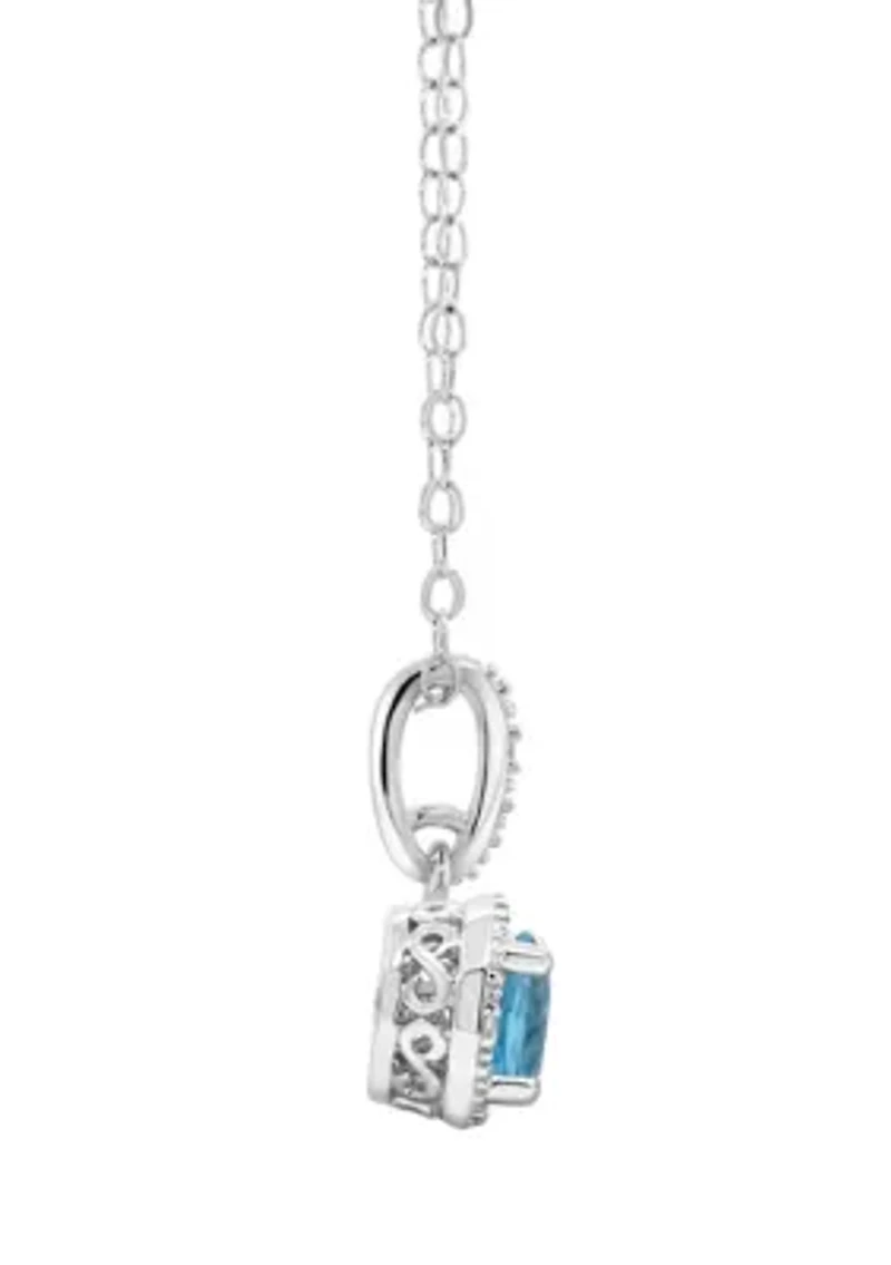 Sterling Silver 6mm Round Blue Topaz Diamond Accent Halo Pendant Necklace