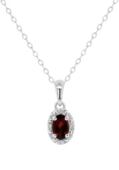 Sterling Silver 6x4mm Oval Garnet Diamond Accent Halo Pendant Necklace