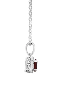 Sterling Silver 6x4mm Oval Garnet Diamond Accent Halo Pendant Necklace