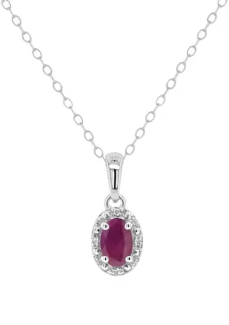 Sterling Silver 6x4mm Oval Ruby Diamond Accent Halo Pendant Necklace
