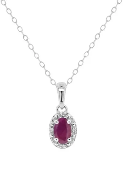 Sterling Silver 6x4mm Oval Ruby Diamond Accent Halo Pendant Necklace