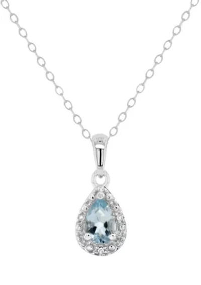 Sterling Silver 6x4mm Pear Shaped Aquamarine Diamond Accent Halo Pendant Necklace