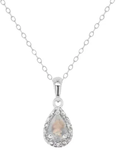 Sterling Silver 6x4mm Pear Shaped Moonstone Diamond Accent Halo Pendant Necklace