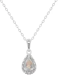 Sterling Silver 6x4mm Pear Shaped Moonstone Diamond Accent Halo Pendant Necklace