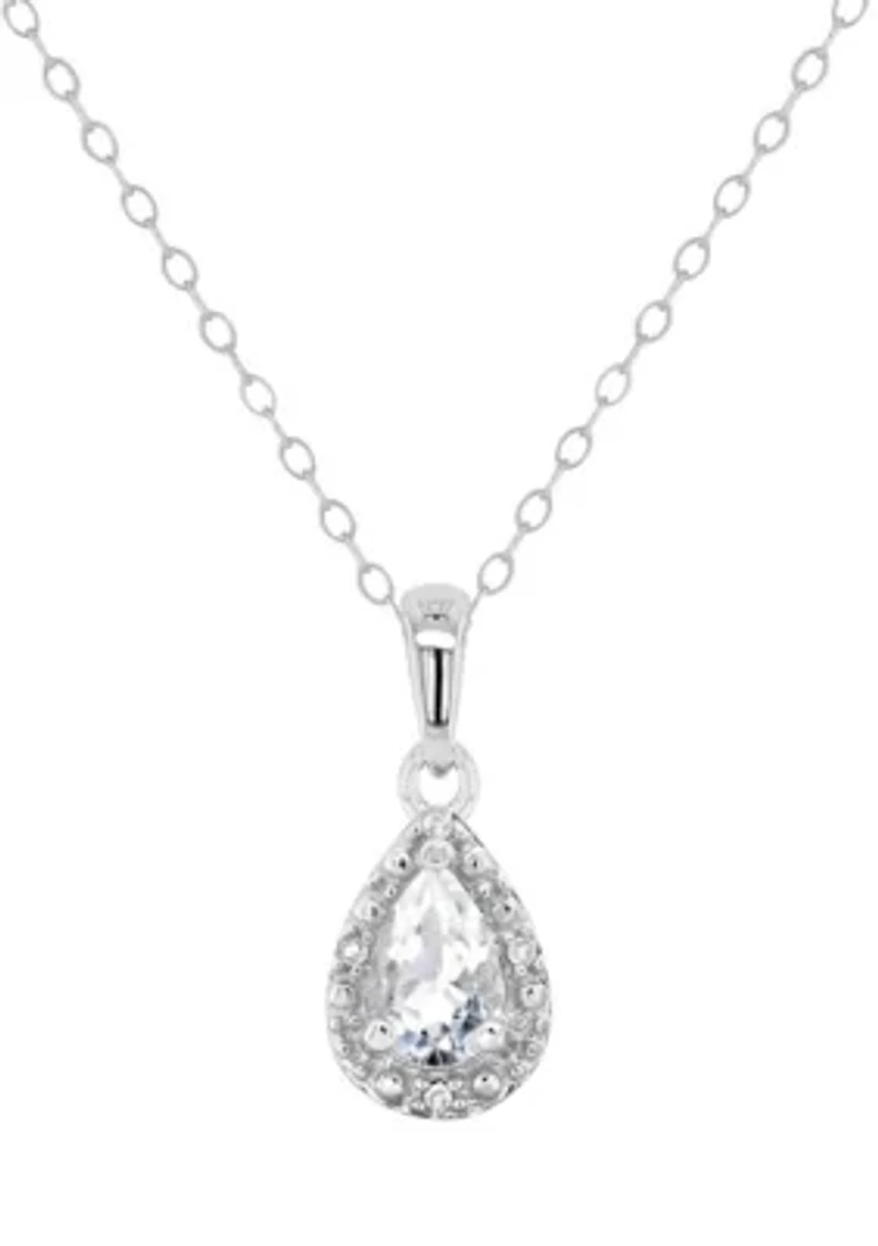 Sterling Silver 6x4mm Pear Shaped White Topaz Diamond Accent Halo Pendant Necklace