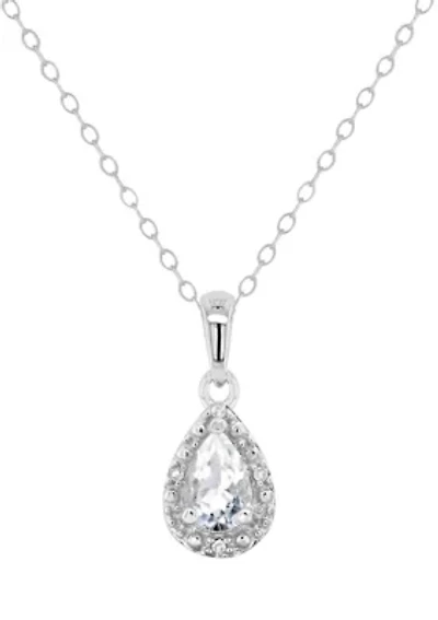 Sterling Silver 6x4mm Pear Shaped White Topaz Diamond Accent Halo Pendant Necklace