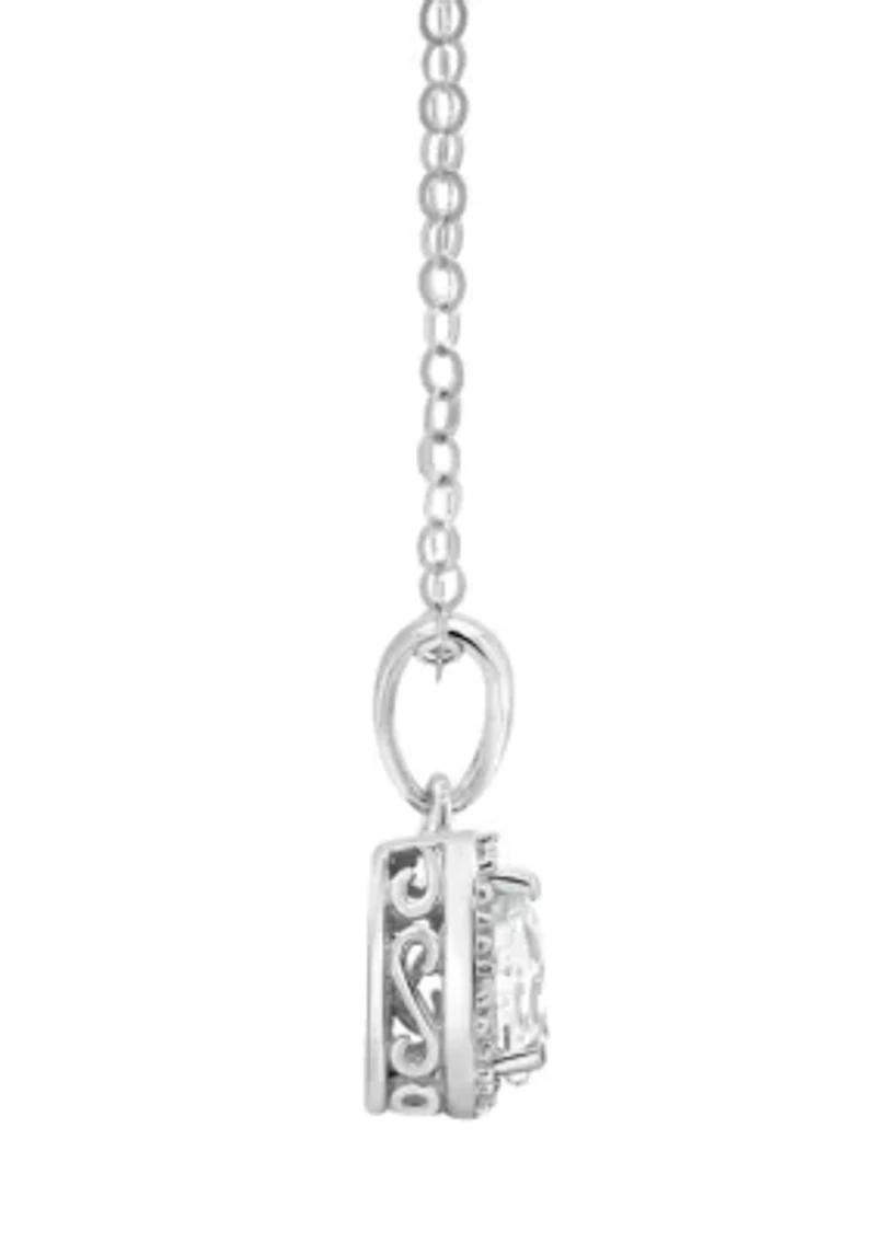 Sterling Silver 6x4mm Pear Shaped White Topaz Diamond Accent Halo Pendant Necklace