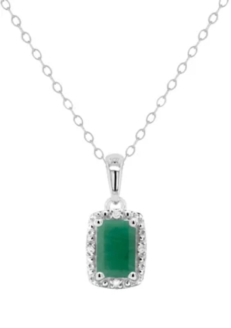 Sterling Silver 6x4mm Emerald Cut Emerald Diamond Accent Halo Pendant Necklace