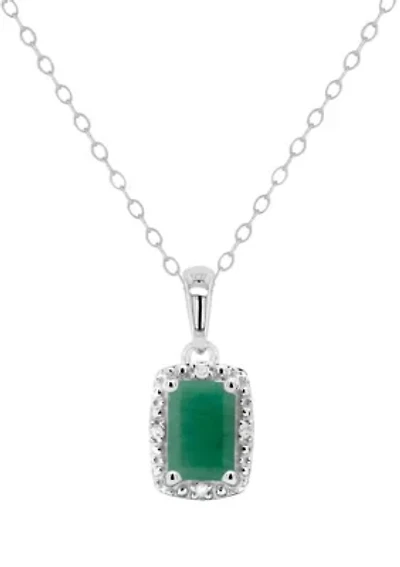 Sterling Silver 6x4mm Emerald Cut Emerald Diamond Accent Halo Pendant Necklace