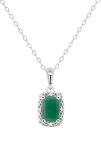 Sterling Silver 6x4mm Emerald Cut Emerald Diamond Accent Halo Pendant Necklace