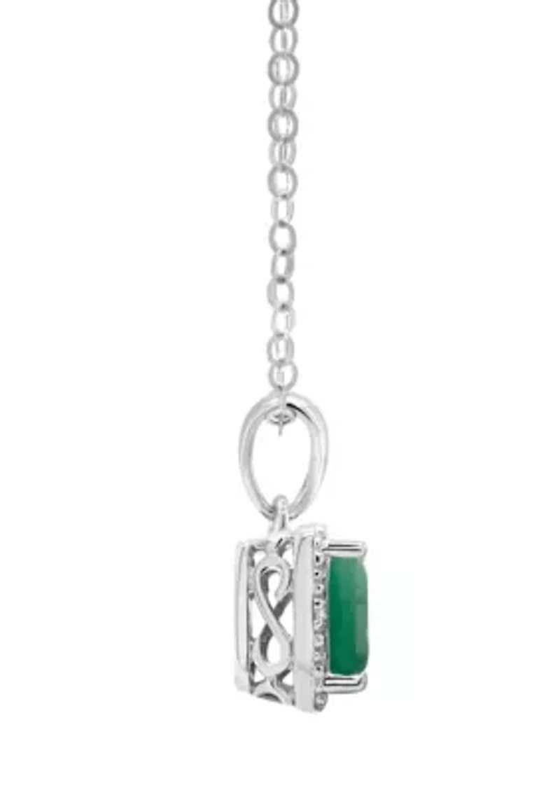 Sterling Silver 6x4mm Emerald Cut Emerald Diamond Accent Halo Pendant Necklace