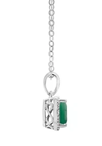 Sterling Silver 6x4mm Emerald Cut Emerald Diamond Accent Halo Pendant Necklace