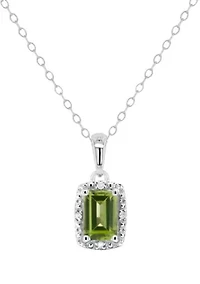 Sterling Silver 6x4mm Emerald Cut Peridot Diamond Accent Halo Pendant Necklace