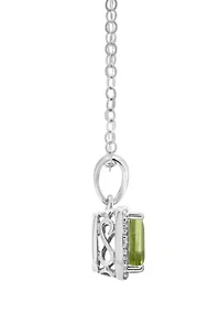 Sterling Silver 6x4mm Emerald Cut Peridot Diamond Accent Halo Pendant Necklace