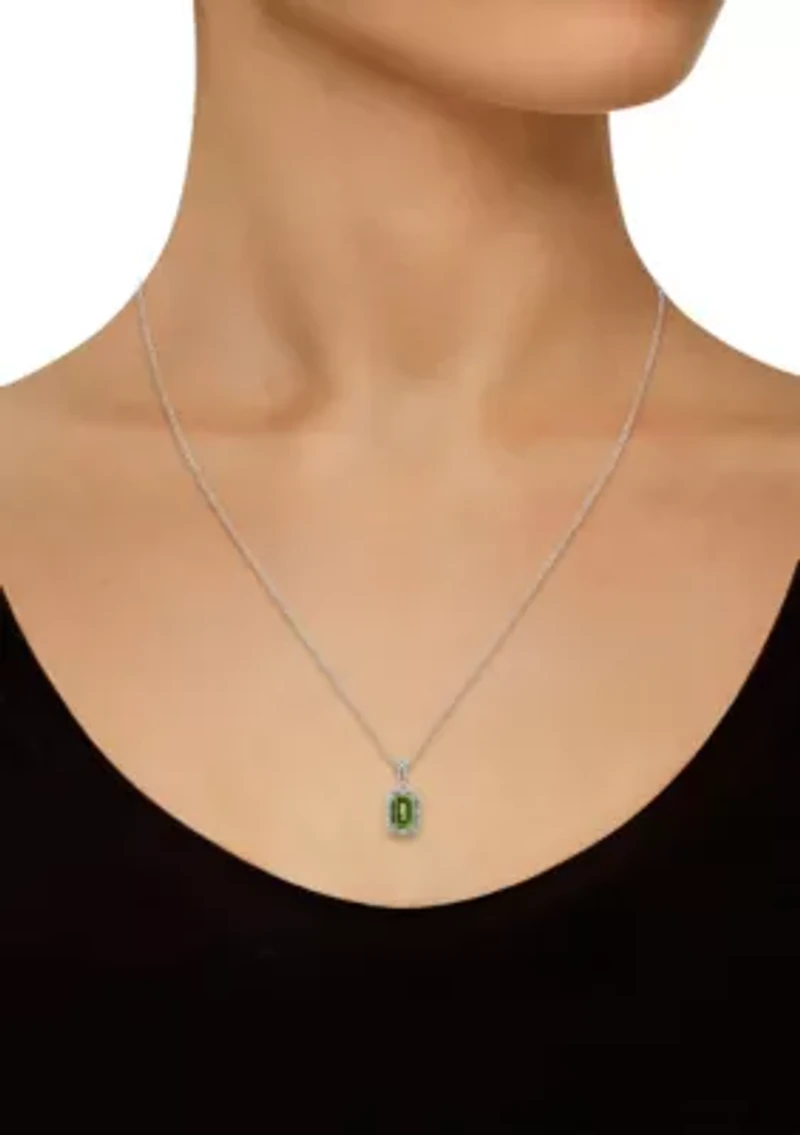 Sterling Silver 6x4mm Emerald Cut Peridot Diamond Accent Halo Pendant Necklace