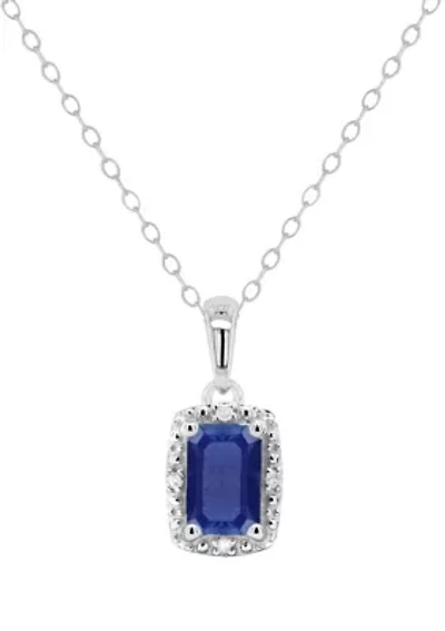 Sterling Silver 6x4mm Emerald Cut Sapphire Diamond Accent Halo Pendant Necklace